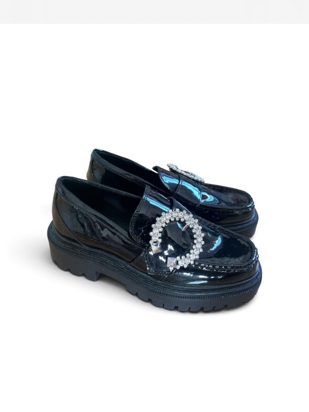 ALDO Patent Leather Black Loafers with Crystal Buckle